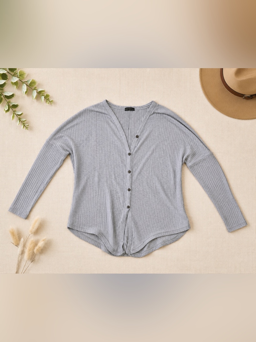 Light Grey Ribbed Button-Front Long Sleeve Top